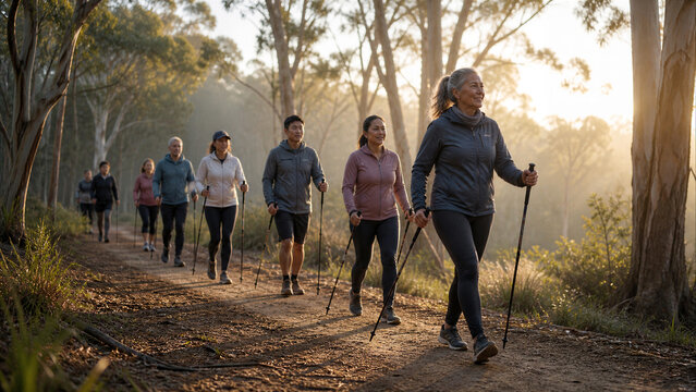 Group of people nordic walking with poles on forest trail at sunset. Mature woman and friends exercising outdoors. Active healthy lifestyle and fitness community concept.