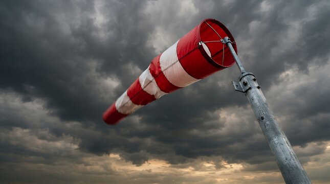 Red and white windsock under dramatic storm clouds, aviation wind cone against dark moody sky, meteorological safety equipment for airport weather monitoring