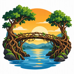 Obraz premium Natural living root bridge made of tree roots over river at beautiful sunset vector illustration