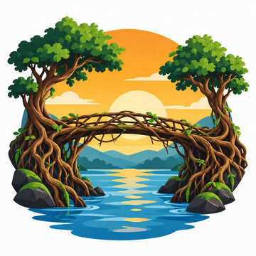 Natural living root bridge made of tree roots over river at beautiful sunset vector illustration