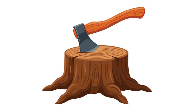 Lumberjack Axe Stuck in Wooden Tree Stump Vector Illustration featuring Wood Texture Roots and Curved Handle for Forestry and Carpentry Design