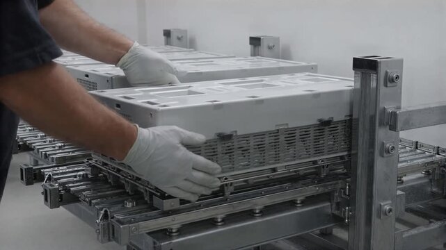 Battery module sliding into a maintenance rack