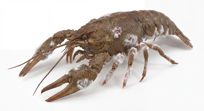 A macro shot of a brown crayfish with visible white fungal growth on its exoskeleton and claws.