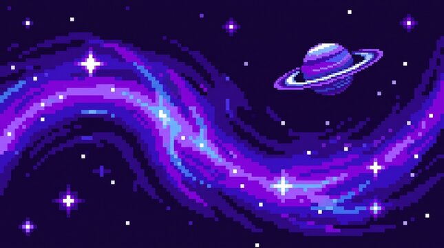 8-bit pixel art background of deep space with a glowing nebula and a ringed planet game asset.