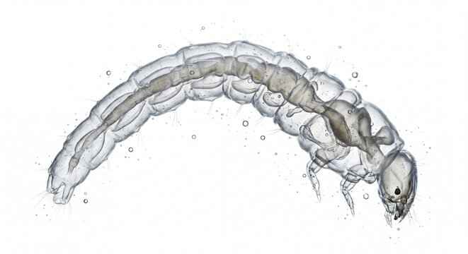 A microscopic view of a translucent aquatic insect larva swimming in clear water with tiny bubbles.