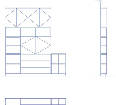 Technical CAD set of a large modular wall unit featuring front elevation, side profile, and plan view with geometric diamond patterns and multiple shelving compartments.