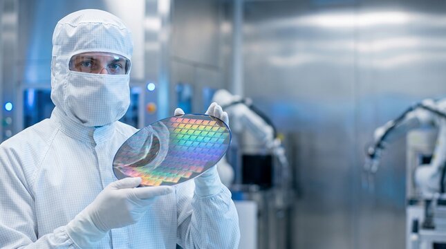 Silicon wafer held by technician in cleanroom facility, semiconductor manufacturing for advanced microchip production.