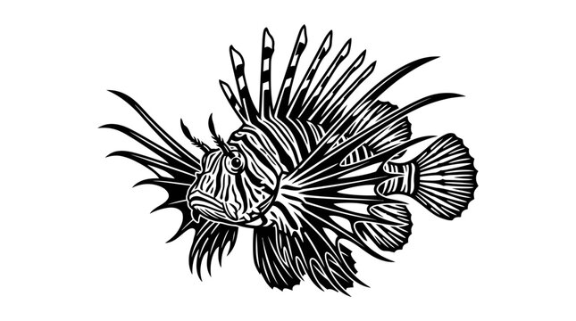 Ornate lionfish black and white vector illustration.