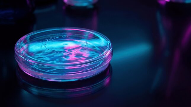 Scientific petri dish containing liquid with vibrant neon reflections in dark lab, modern biotechnology research concept.