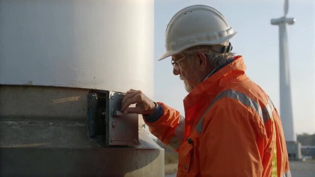 Older engineer inspecting a wind turbine base hatch