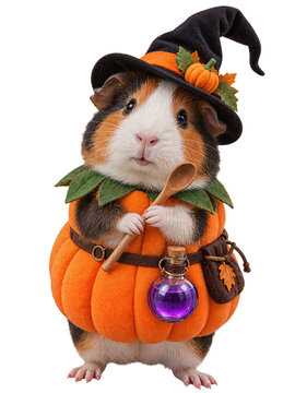 Halloween Guinea pig dressed as pumpkin witch holding wooden spoon isolated on transparent background