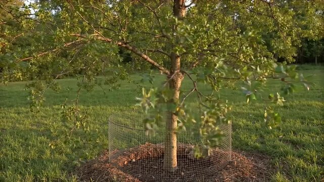 Oak sapling leaves moving inside a protective tree guard