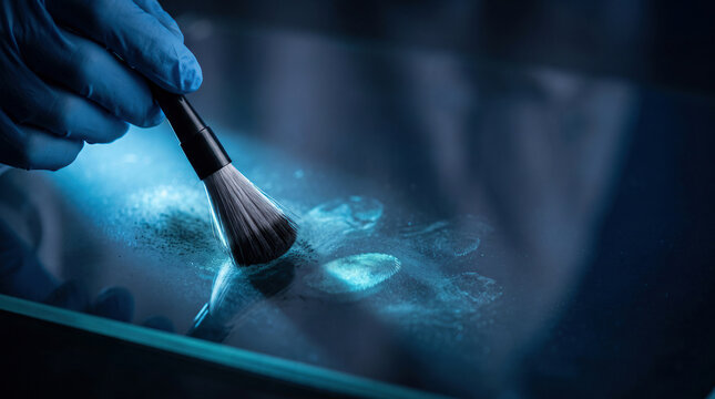 Forensic science dusting for fingerprints with brush in dark laboratory, crime investigation concept.