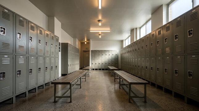 Hostel Locker Room with Metal Lockers and Wooden Benches