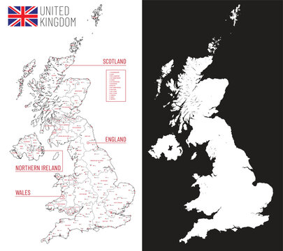 united kingdom political map with constituent countries, borders and black silhouette design