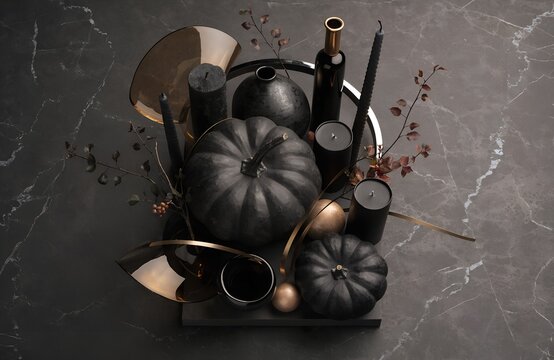 Luxury Gothic Halloween Still Life with Dark Pumpkins, Candles, and Elegance