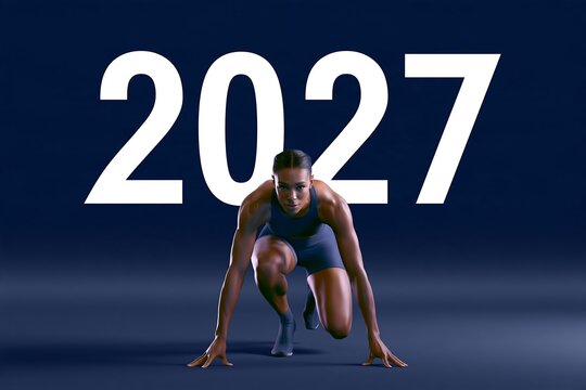 Female athlete in starting position in front of large 2027 numbers, New Year goals concept for fresh start, motivation, fitness resolutions and personal achievement
