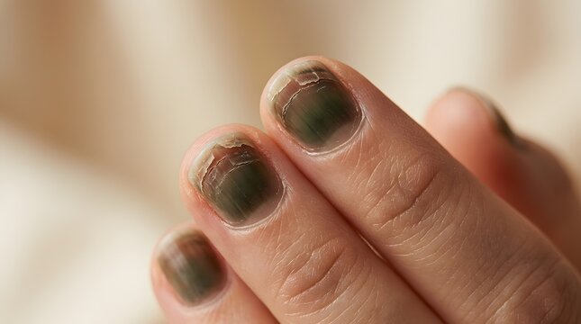 Macro Shot of Severe Nail Fungus Infection and Damaged Fingernails
