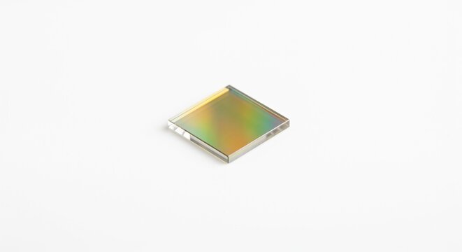 DWDM optical filter glass square, silica substrate with thin-film interference coating. Datacenter fiber routing hardware component isolated on white.