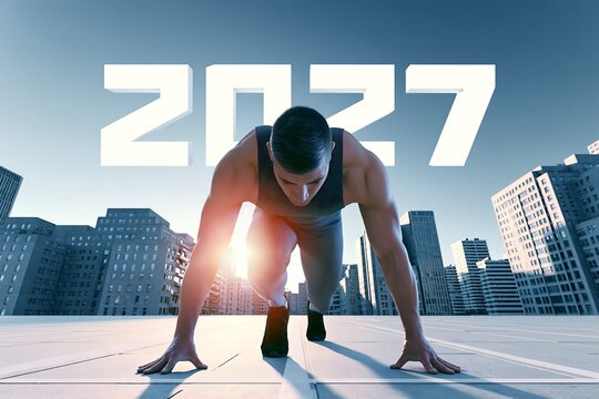 Male athlete ready to sprint beneath large 2027 numbers in a modern city, New Year concept for new goals, ambition, business progress, fitness and future success
