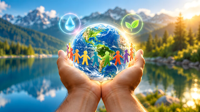 Human hands holding earth with people and nature symbols for global sustainability