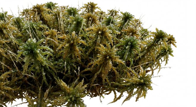 A dense cluster of green sphagnum moss isolated against a clean and bright white studio background.