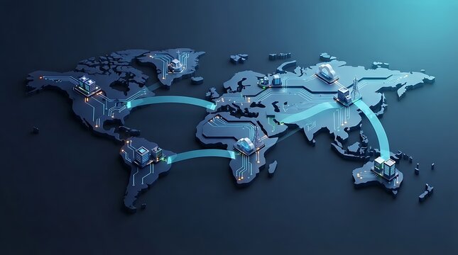 3D Dark World Map Model with Connected Mini Server Data Centers, Cloud Icons, Radio Towers, and Glowing Fiber Optic Arcs Across Continents for Global Cloud Infrastructure, Smart City Networks.