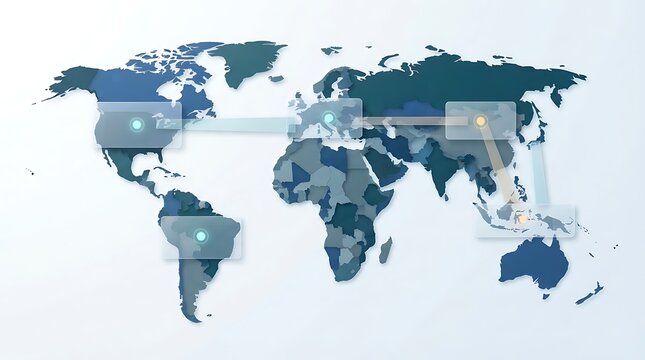 Flat Vector World Map on White Background with Semi-Transparent Glass Cards, Glowing Connection Nodes, and Data Transfer Streams for Global Business Infrastructure, Telecommunication Networks, and Dat