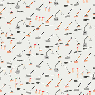 Cleaning tools pattern with brooms, brushes, and spray bottles