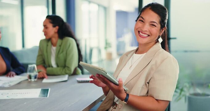 Face, woman and happy in meeting with tablet, digital marketing analytics and pride for performance. Person, smile and team in office with tech, advertising statistics and satisfied with KPI data.