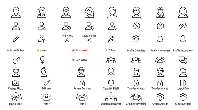  User profile icons set avatar symbols and interface elements line art vector collection