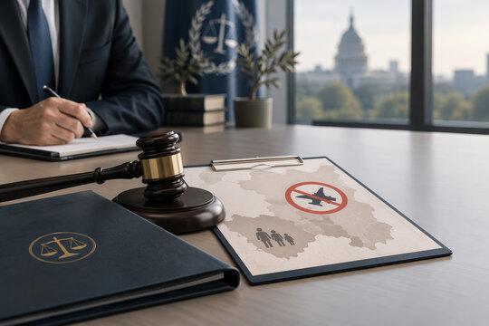 Judicial suspension of military strikes concept with gavel law folder clipboard map marked strike halt symbol legal oversight civilian protection government briefing room editorial stock photo