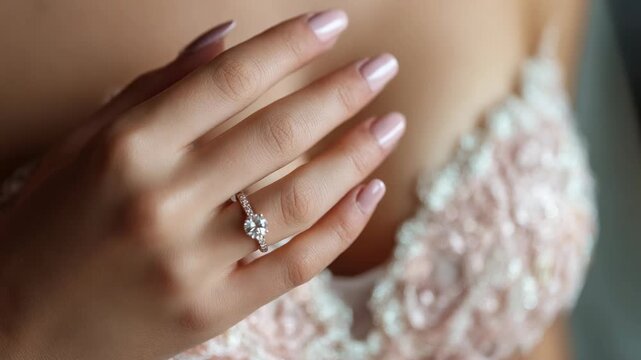 luxurious ring on the hand of a bride in a wedding dress animation