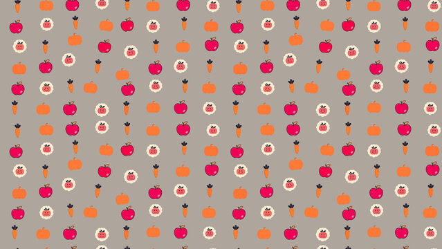 Pattern of apples, pumpkins, carrots, and smiling faces