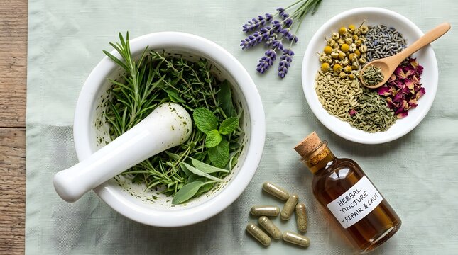 Fresh herbs in mortar with glass herbal tincture bottle for holistic health care.