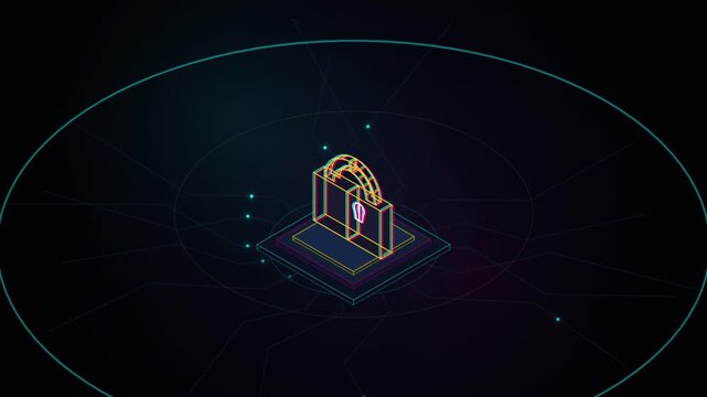 Neon Isometric Padlock Security Animation Unlocking and Locking Digital Cyber Security Data Concept