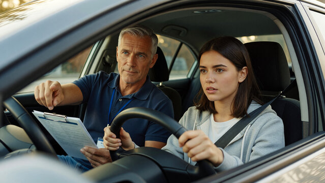 Young woman learning to drive with instructor in car, driving education and new driver experience