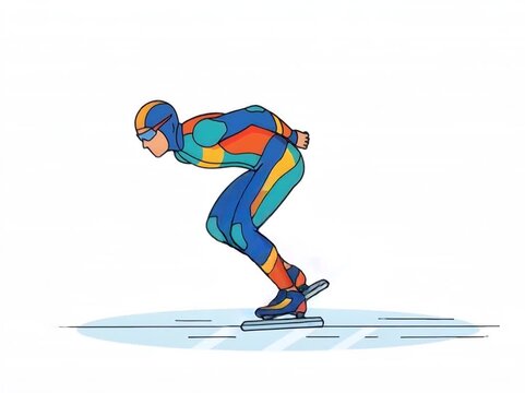 2D vector style animation of a professional speed skater gliding fast on ice. Athlete wearing a blue, orange, and teal aerodynamic suit in a low crouching position, isolated on a white background.