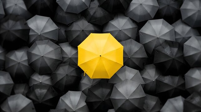 Single yellow umbrella open above many dark umbrellas with standing out umbrella individual