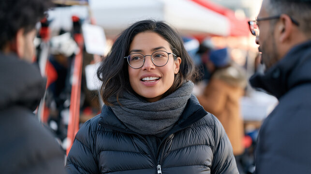 An interracial couple at a vibrant outdoor market, one pausing to listen intently beside a ski instruction demo area, a solo focused expression on their face, the ambient noise of