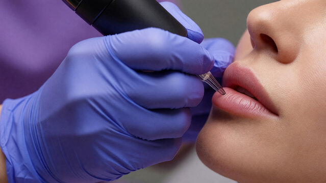 Gloved hand applying permanent makeup to lips, beauty treatment and aesthetic procedure