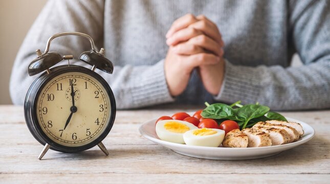 Person with clasped hands sitting at a table with an alarm clock and a healthy meal, indicating timed eating or intermittent fasting.