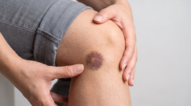 A person's hands gently touching a dark, circular bruise on their knee, highlighting the injury.