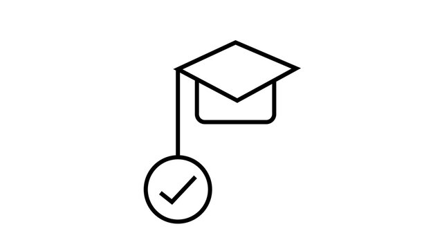Black and white graduation cap and check mark in circle for education achievement icon