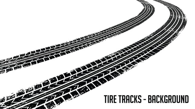 Black tire tracks with detailed tread patterns curve across a clean white high contrast surface