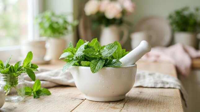 White mortar pestle with fresh peppermint leaves for natural herbal medicine prep.