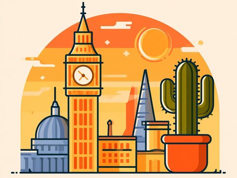 Big ben clock tower with cactus at sunset