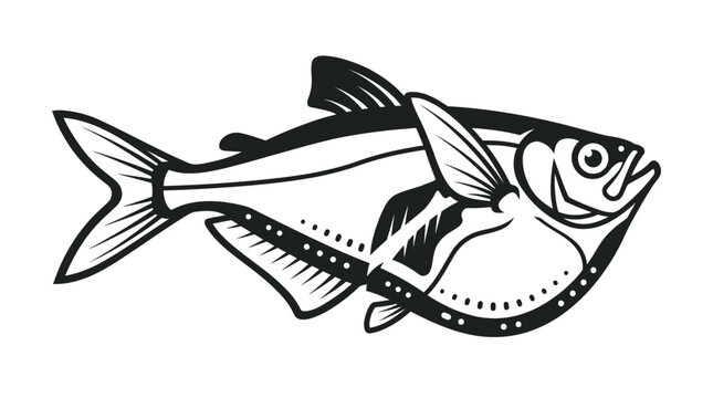 Stylized deep sea hatchetfish black and white illustration.