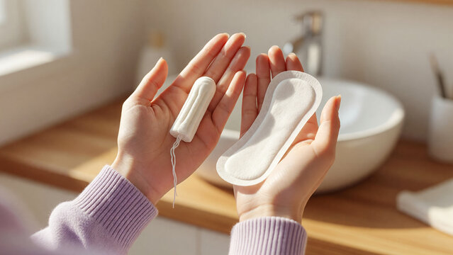 Hands holding menstrual tampon and sanitary pad in bathroom, feminine hygiene and period care