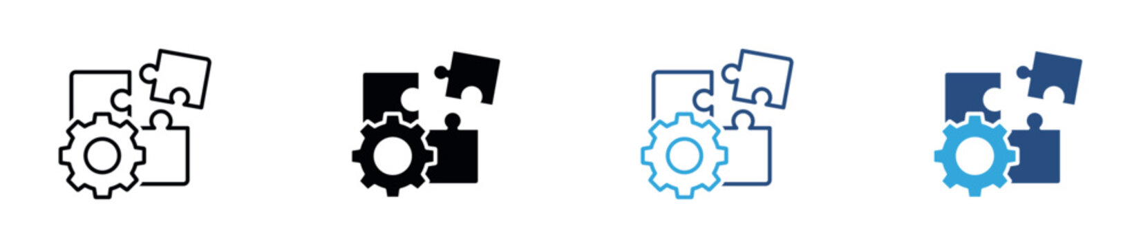 Integration Customization Icon Set, Gear, Puzzle Pieces, Integration, Configuration, Customization, Settings and Workflow Symbols. Vector Illustration.